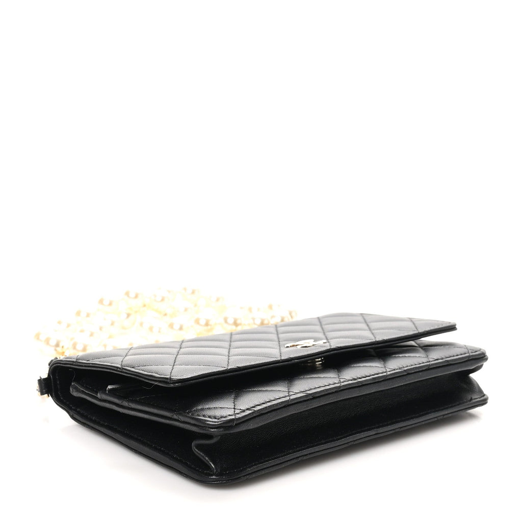 Lambskin Quilted Pearl Wallet On Chain WOC Black