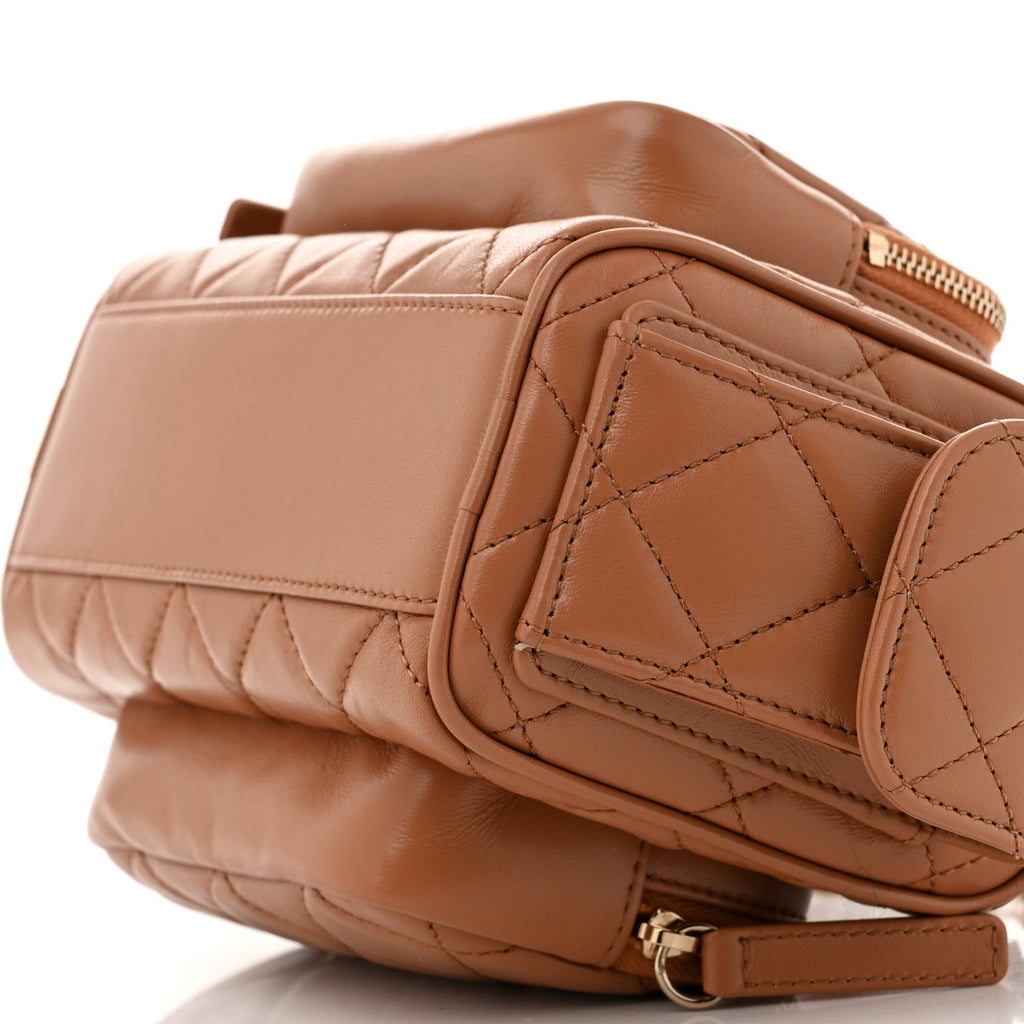 Shiny Crumpled Lambskin Quilted Small Preppy Pocket Camera Case Brown