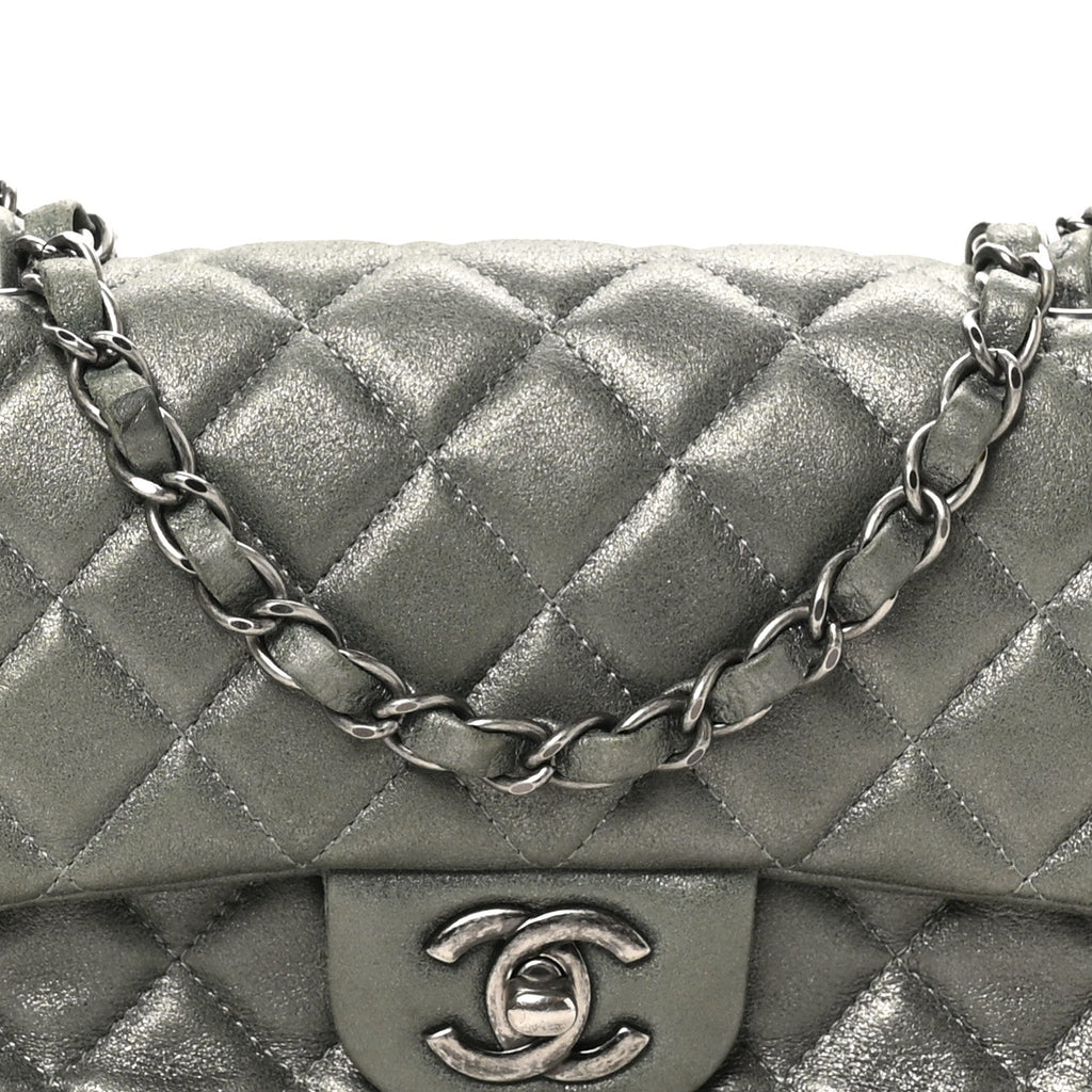 Iridescent Lambskin Quilted Mini Rectangular Flap Khaki