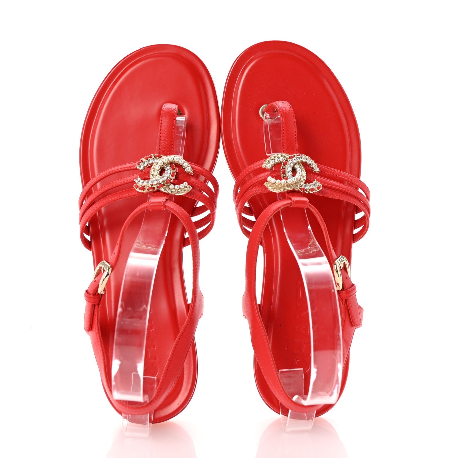 Lambskin Pearl Crystal CC Thong Sandals 38 Red