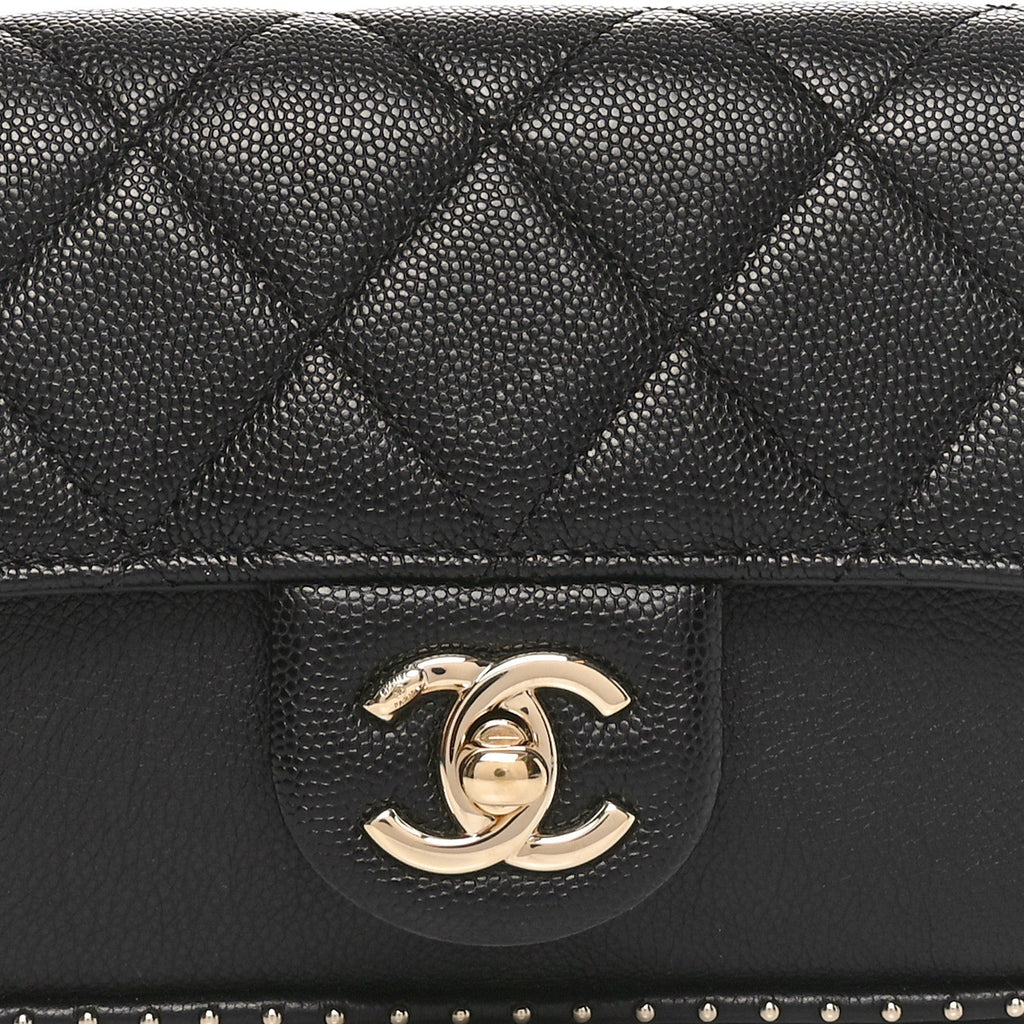 Caviar Quilted Studded Flap Waist Bag Black