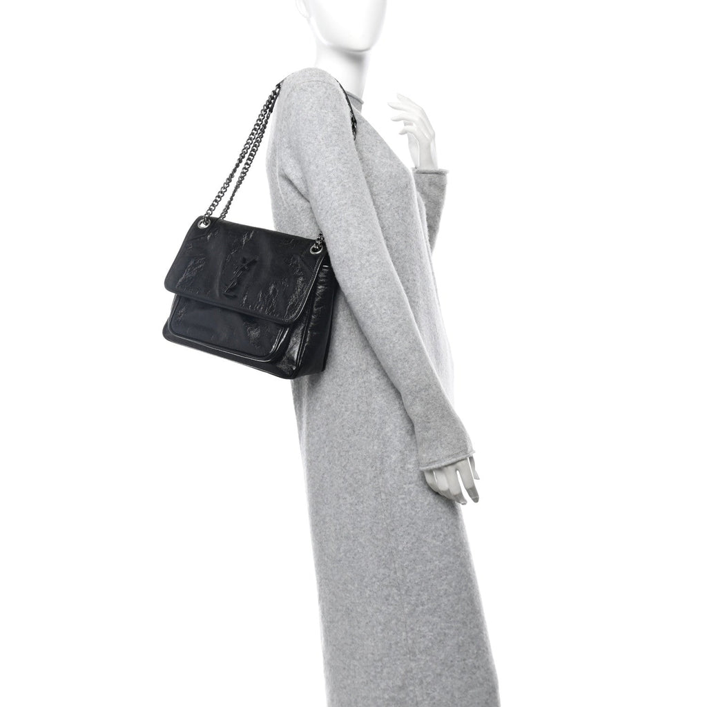 Crinkled Calfskin Monogram Medium Niki Chain Satchel Black