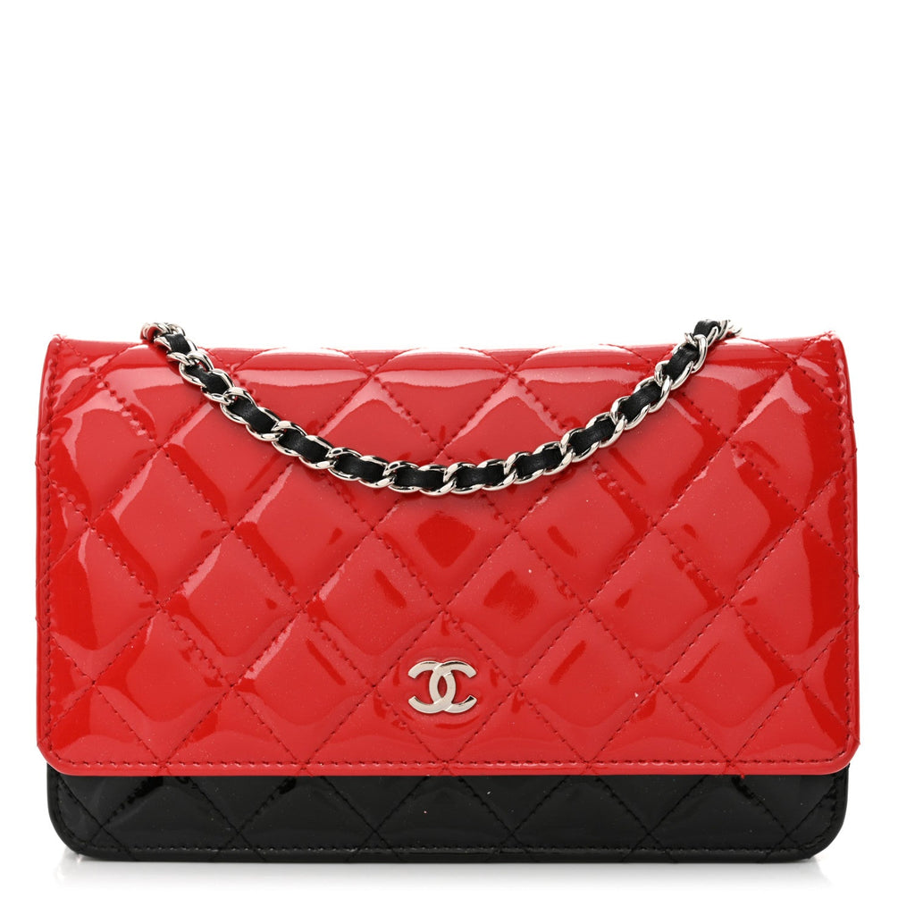 Patent Quilted Bi-Color Wallet On Chain WOC Red Black