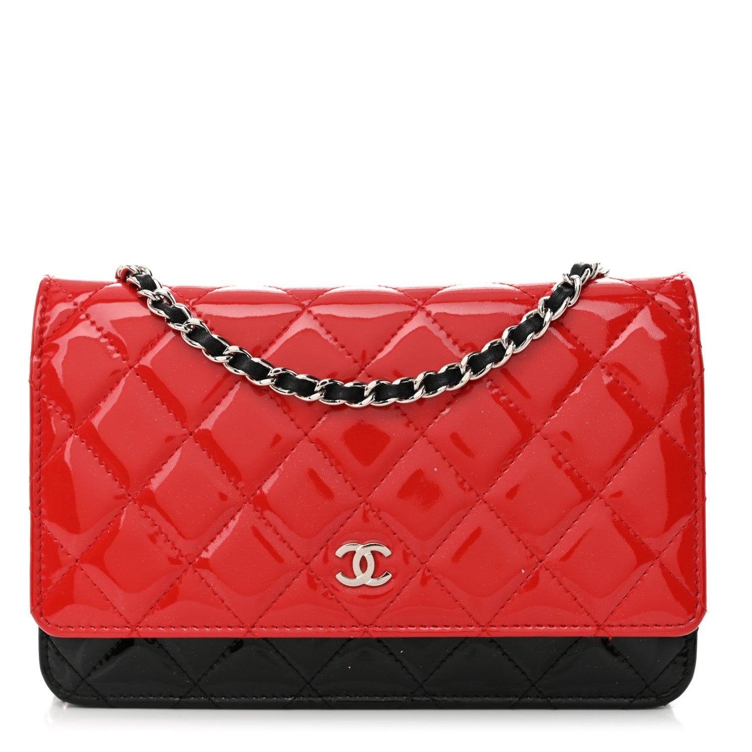 Patent Quilted Bi-Color Wallet On Chain WOC Red Black