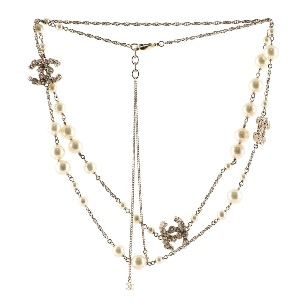 Floral CC Long Necklace Metal with Enamel, Crystals and Faux Pearls