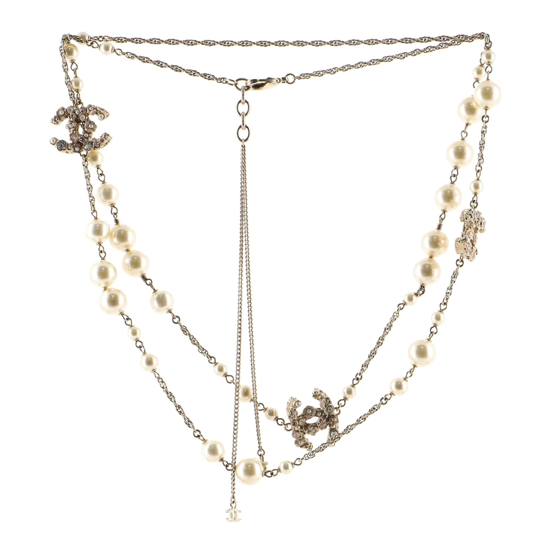 Floral CC Long Necklace Metal with Enamel, Crystals and Faux Pearls