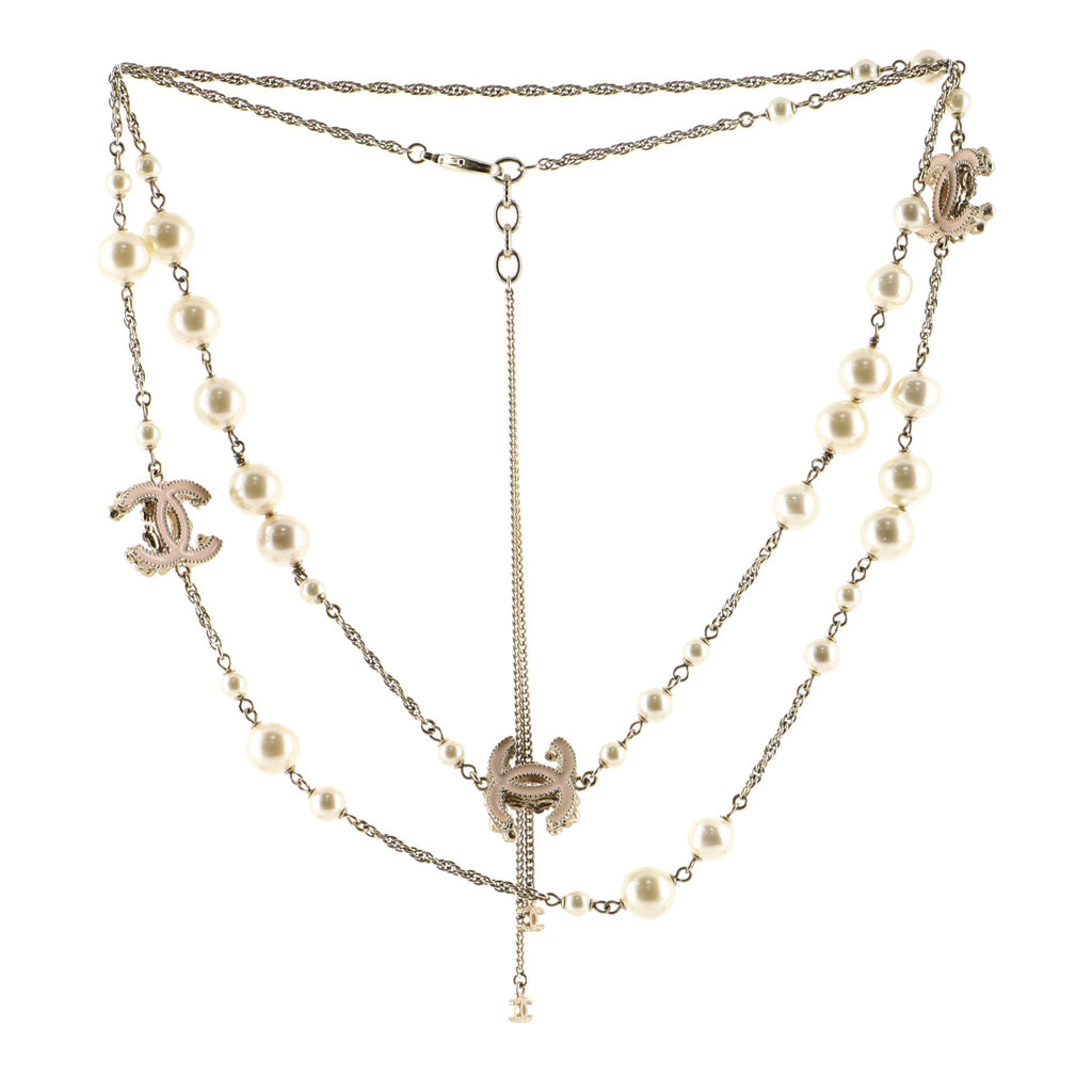 Floral CC Long Necklace Metal with Enamel, Crystals and Faux Pearls