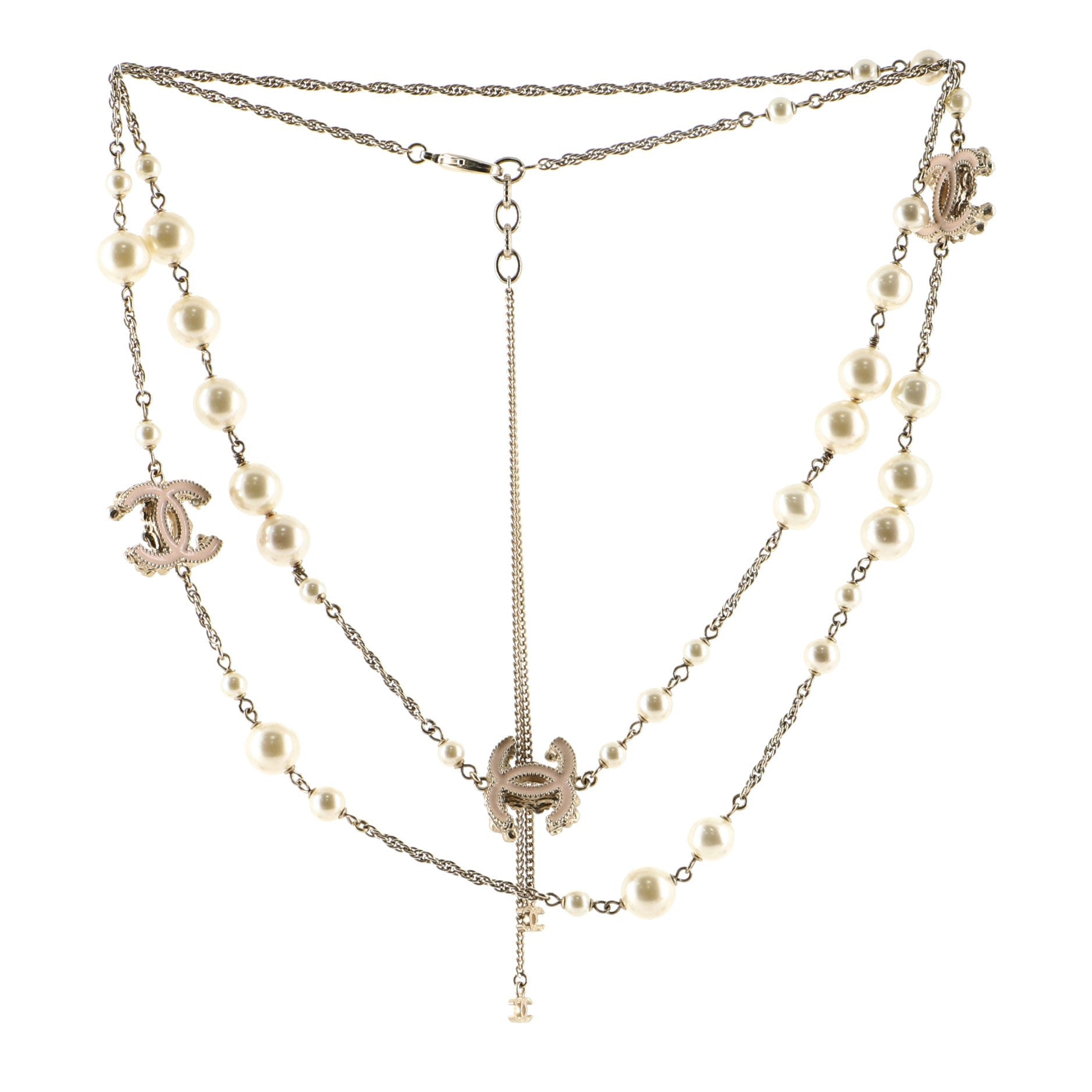 Floral CC Long Necklace Metal with Enamel, Crystals and Faux Pearls