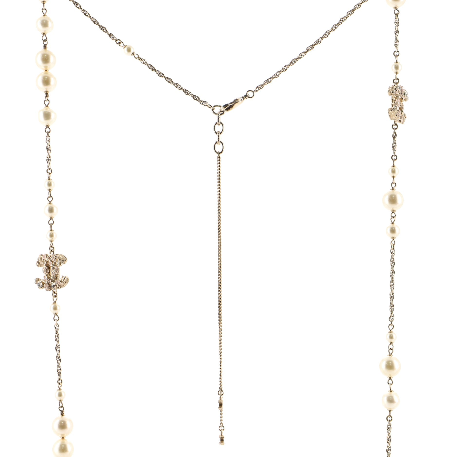 Floral CC Long Necklace Metal with Enamel, Crystals and Faux Pearls