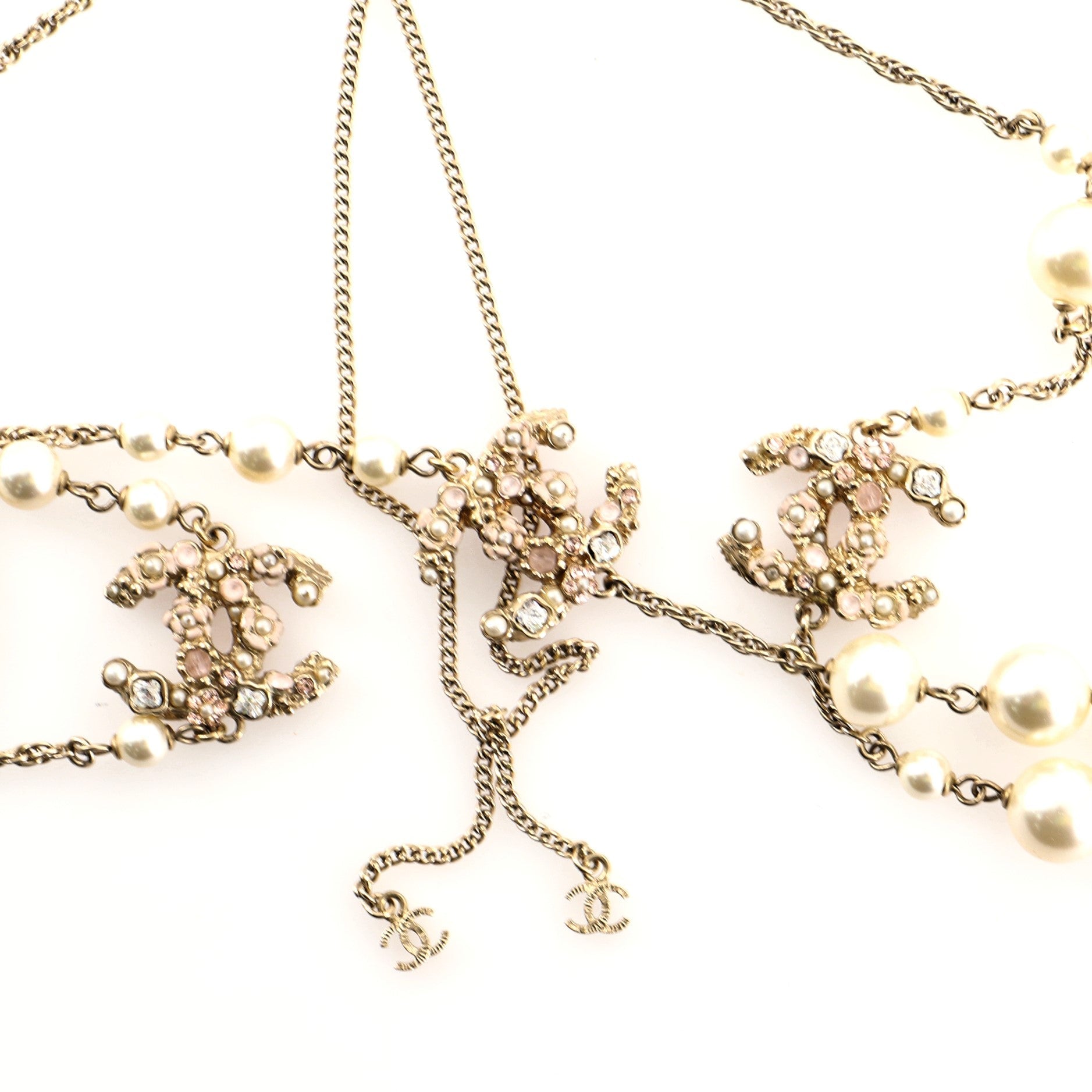 Floral CC Long Necklace Metal with Enamel, Crystals and Faux Pearls