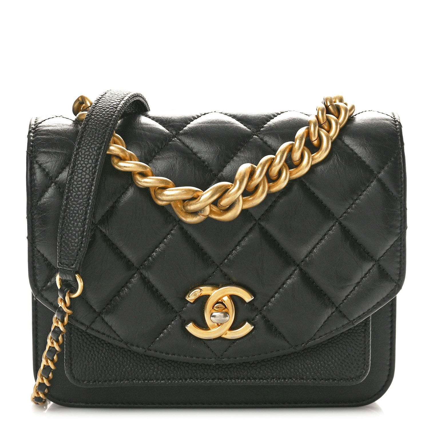 Calfskin Caviar Quilted Mini Chain Handle Flap Black