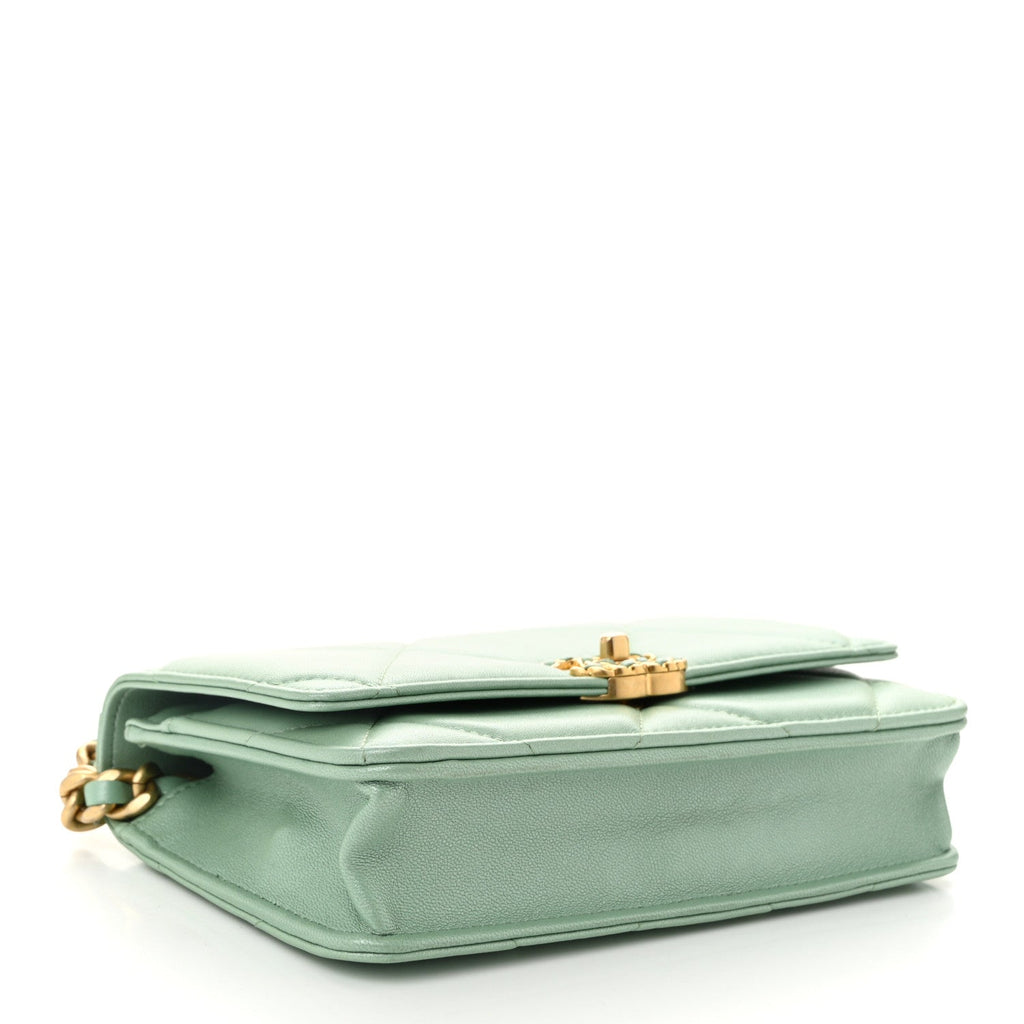 Shiny Lambskin Quilted Chanel 19 Wallet On Chain WOC Light Green