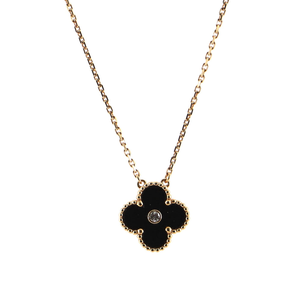 Vintage Alhambra Pendant Necklace 18K Rose Gold and Onyx with Diamond