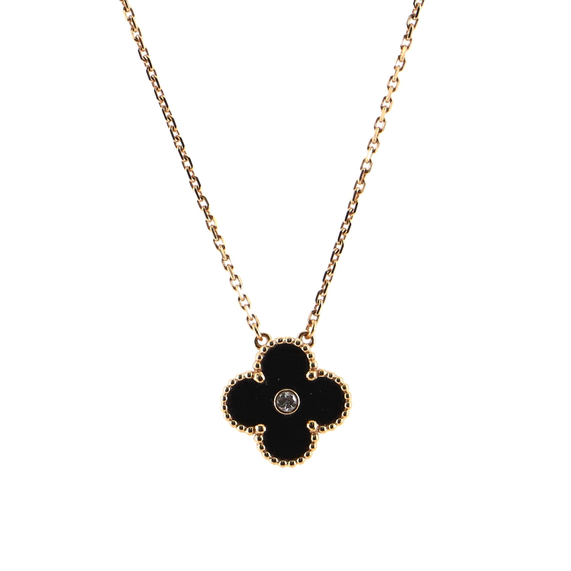 Vintage Alhambra Pendant Necklace 18K Rose Gold and Onyx with Diamond