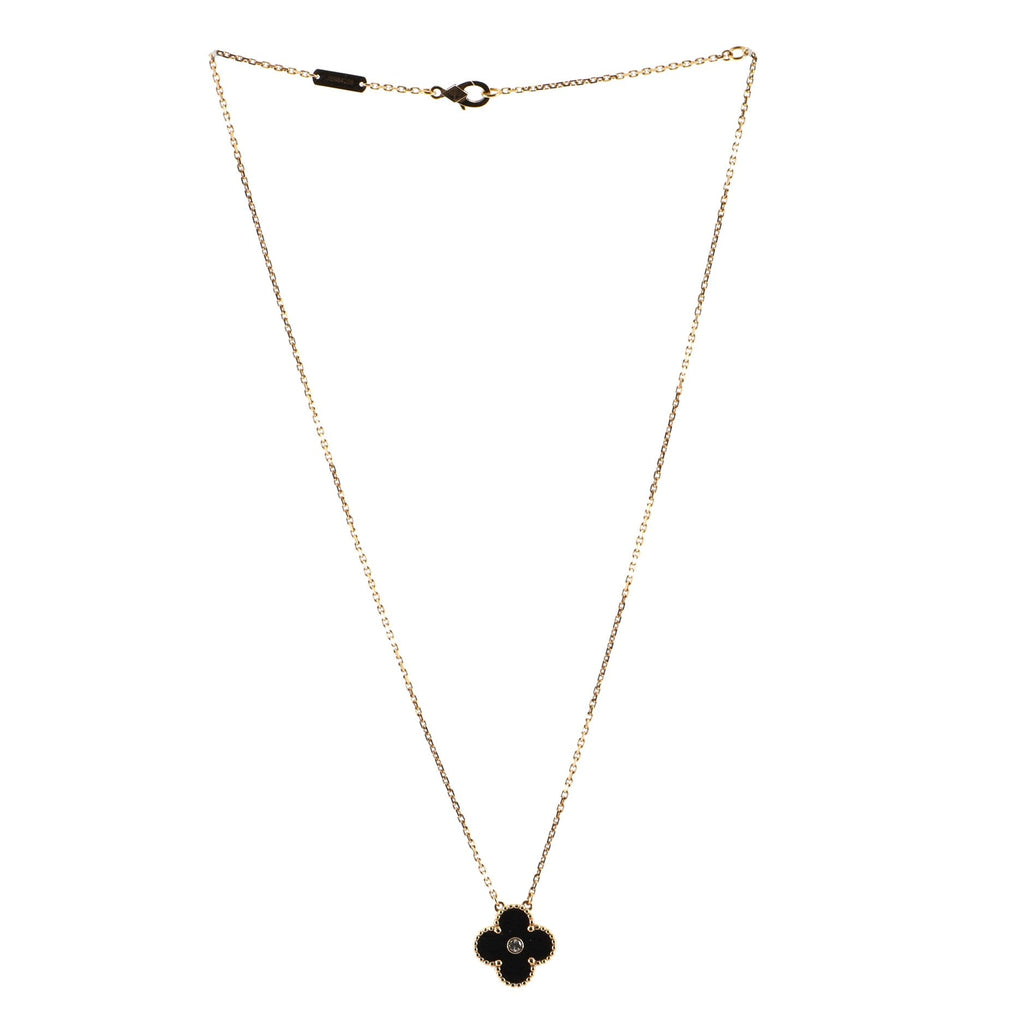 Vintage Alhambra Pendant Necklace 18K Rose Gold and Onyx with Diamond