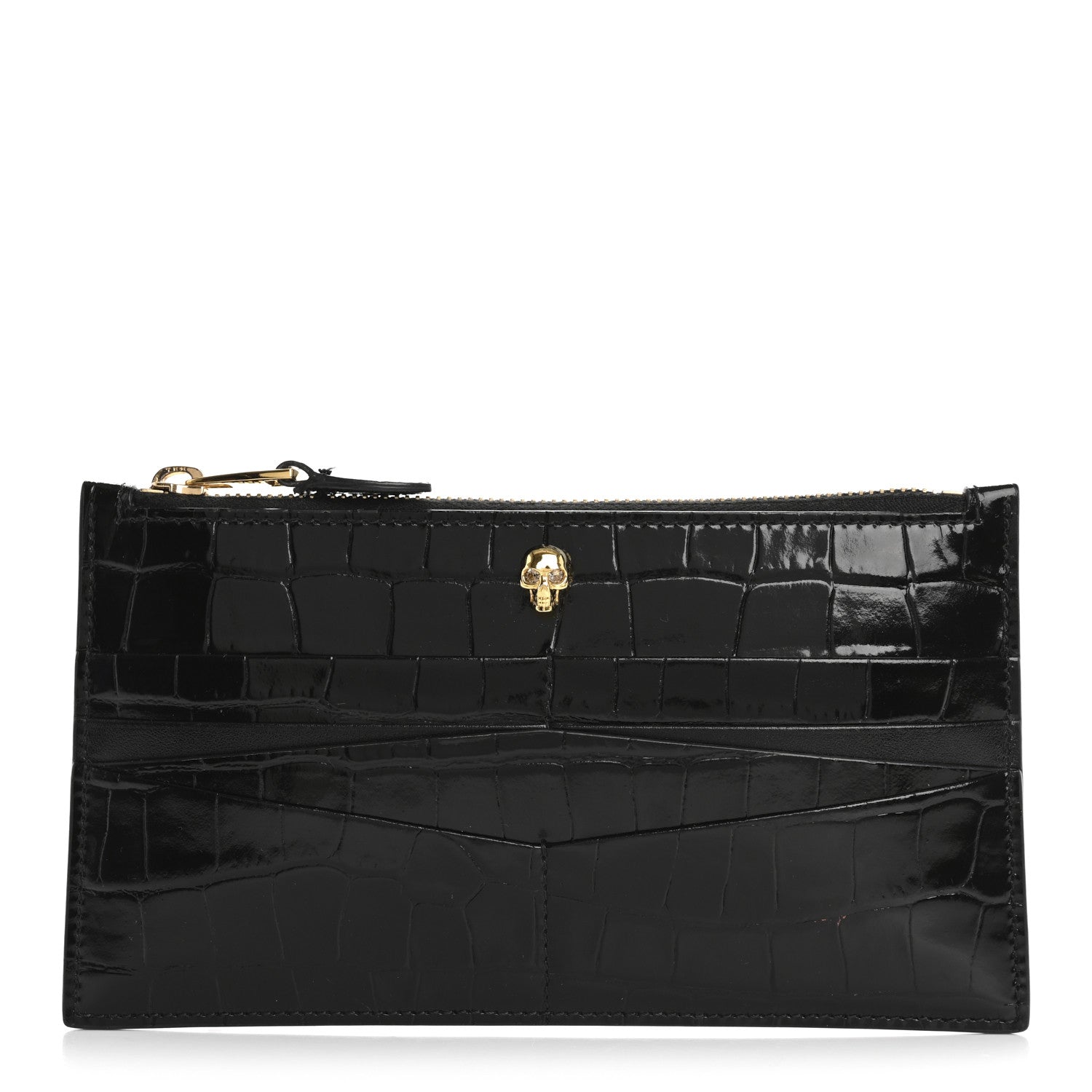 Calfskin Crocodile Embossed Skull Zip Wallet  Holder Black