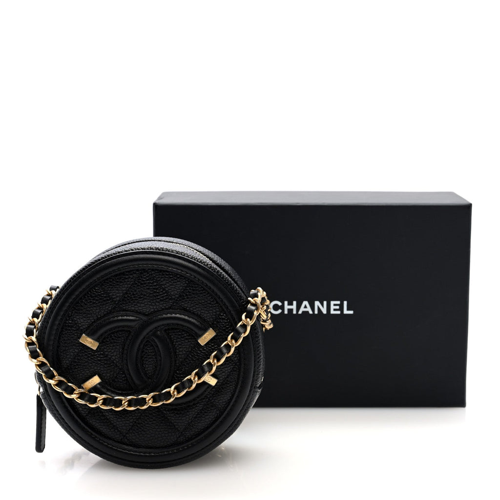 Caviar Quilted Round Filigree Crossbody Black