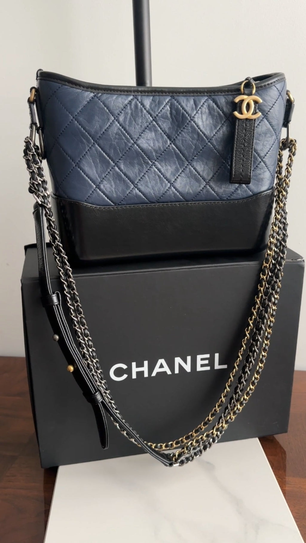 Chanel Gabrielle Navy and Black Medium Chain Strap Hobo Bag