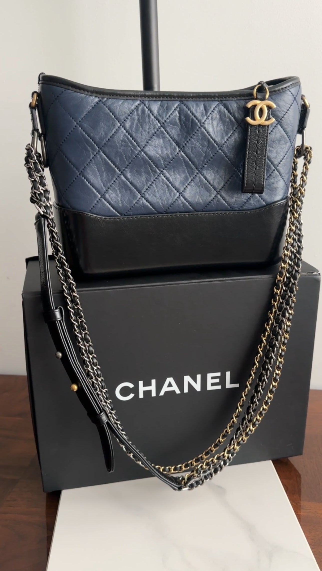 Chanel Gabrielle Navy and Black Medium Chain Strap Hobo Bag