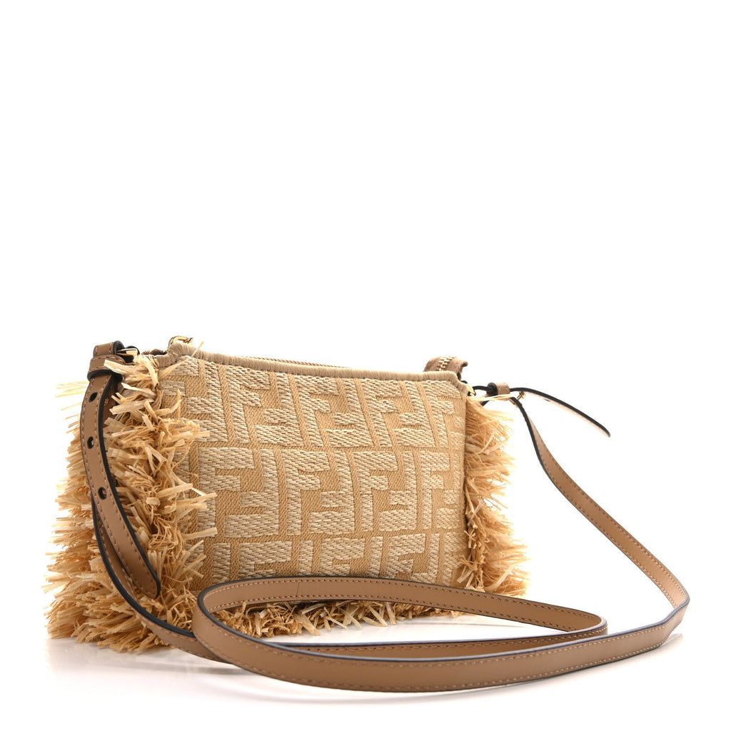 Jacquard Raffia Vitello FF Baguette Chain Pouch Beige