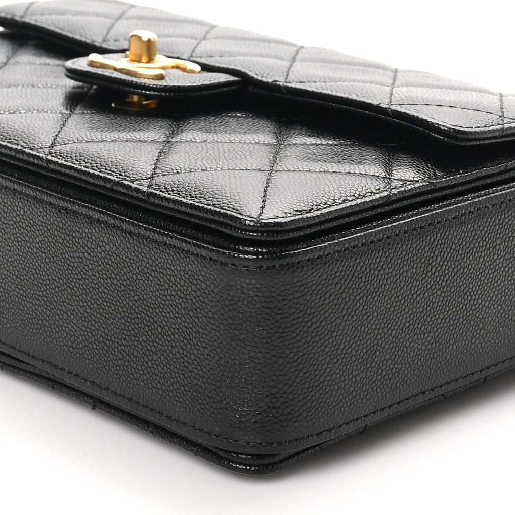 Shiny Caviar Quilted Small Top Handle Flap  Black