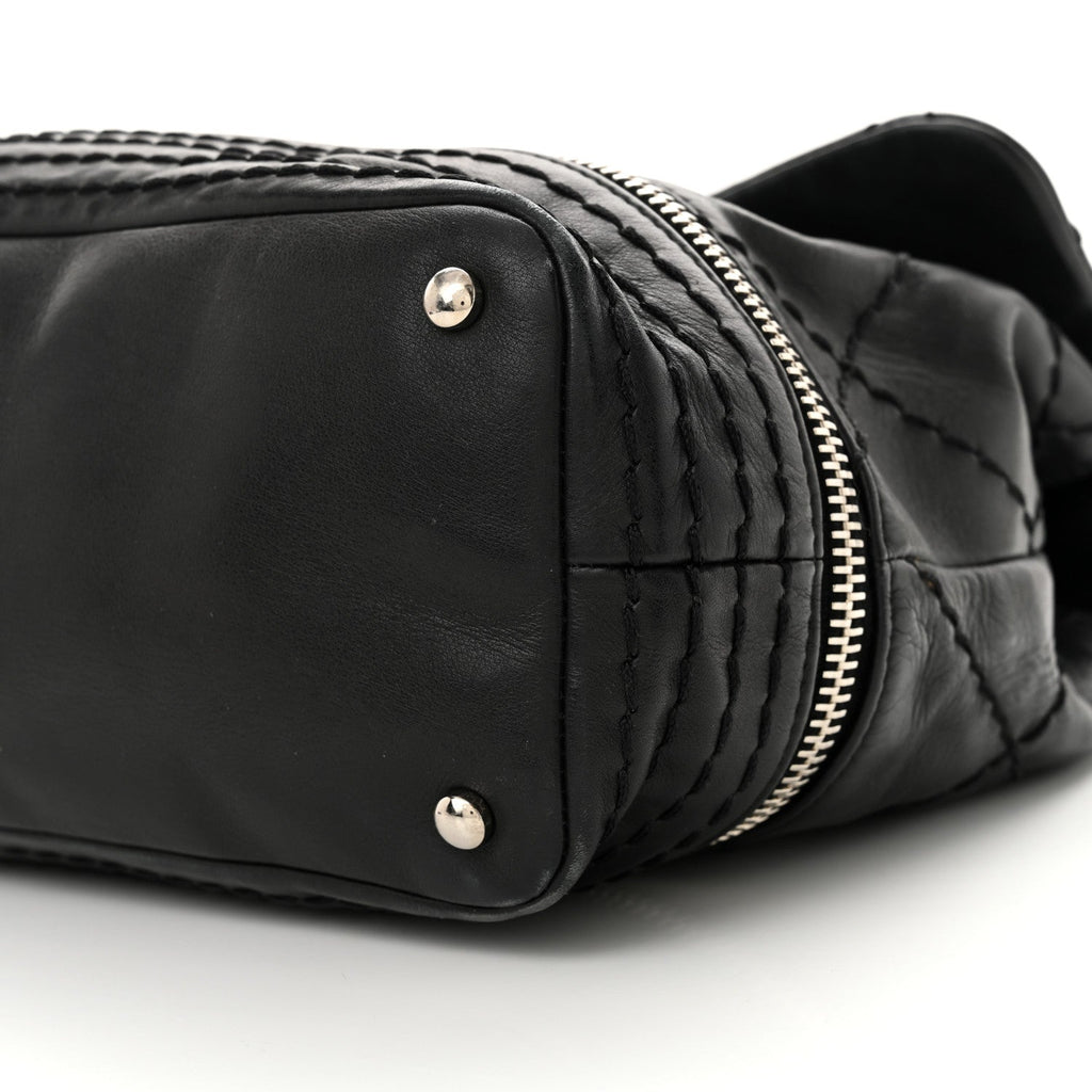 Calfskin Stitched Large Expandable Flap Bag Black