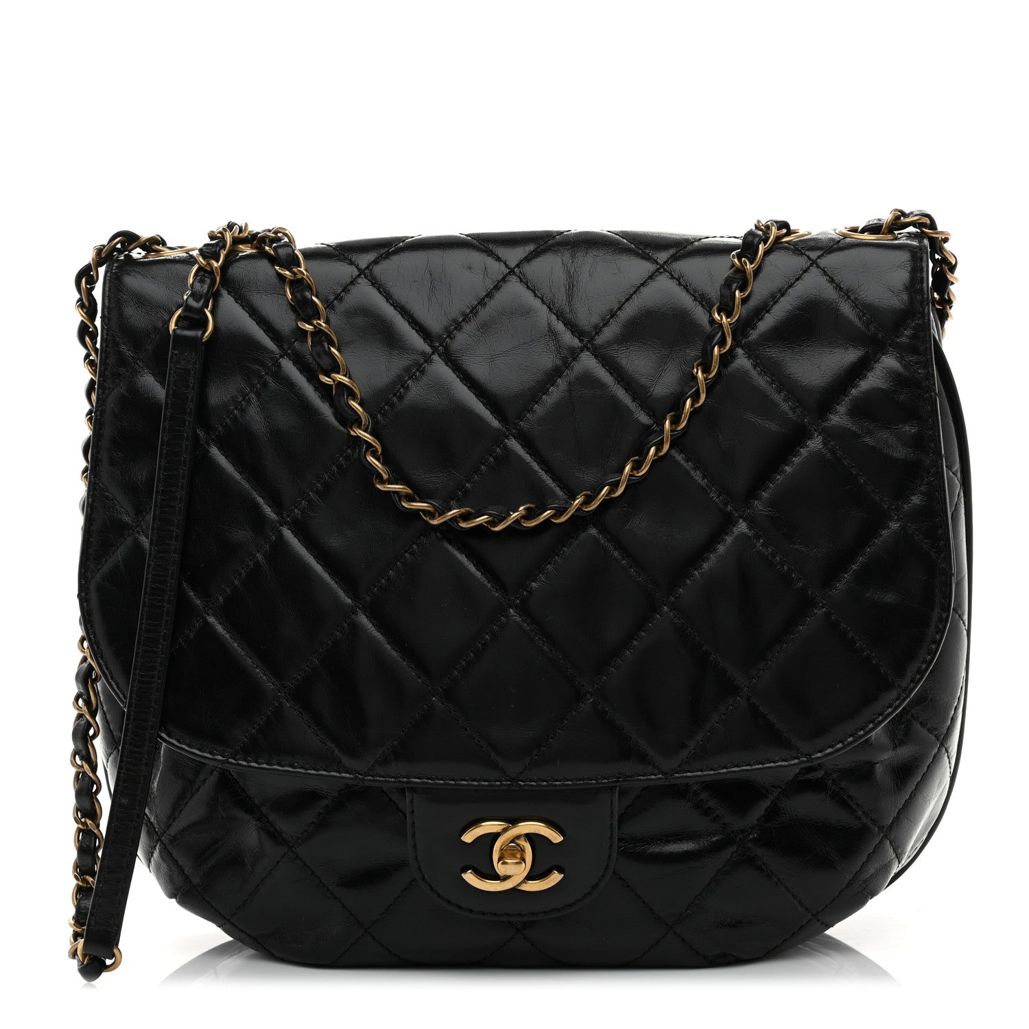 Glazed Calfskin Quilted Medium Bubble CC Flap Black