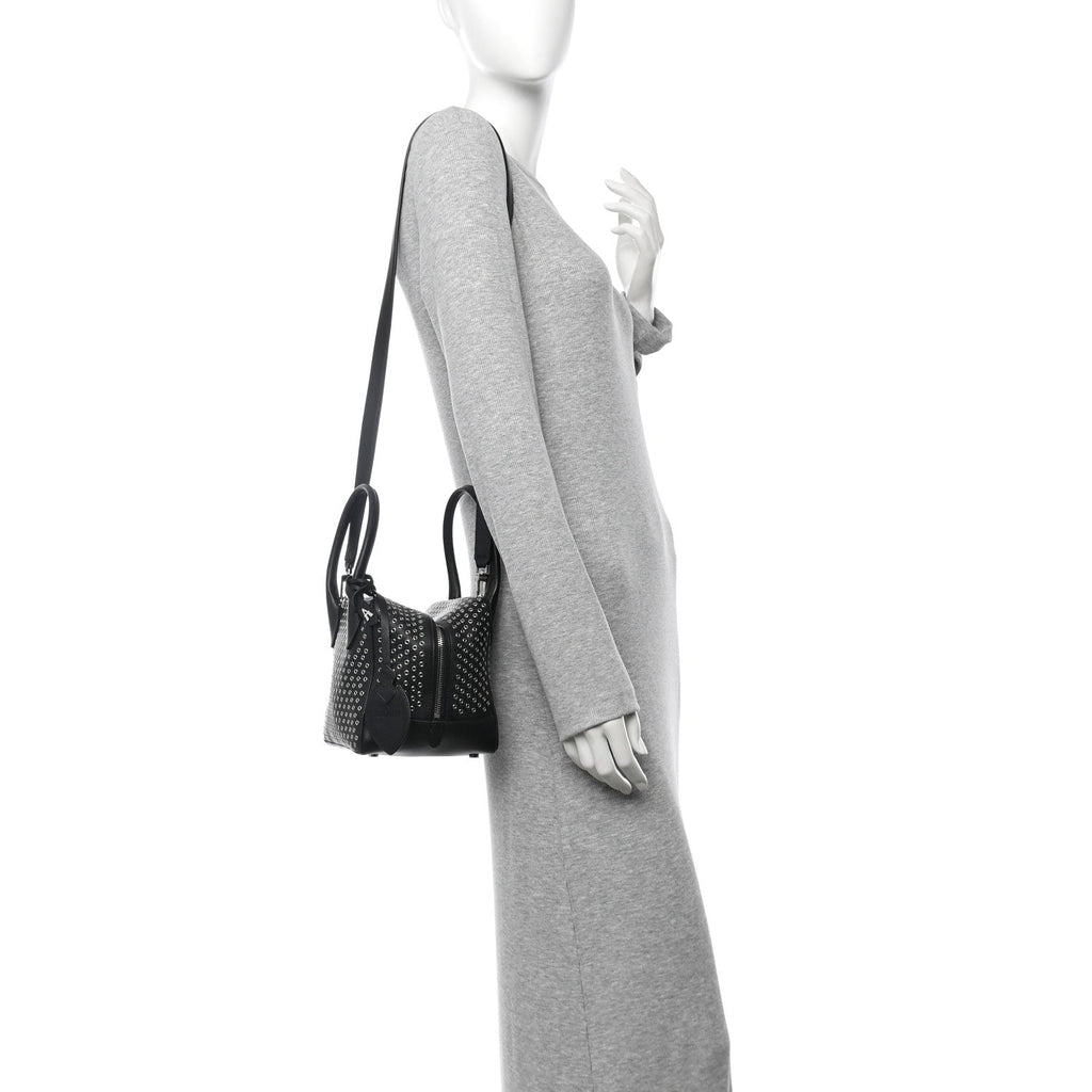 Calfskin Grommet Studded Top Handle Bag Black