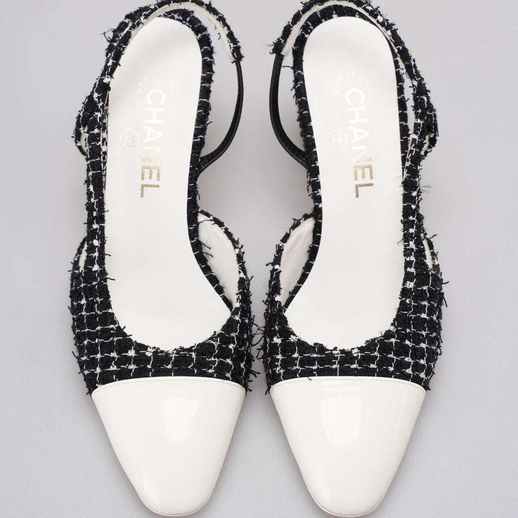 Chanel Black Tweed Slingback Pumps With White Cap Toe 38.5