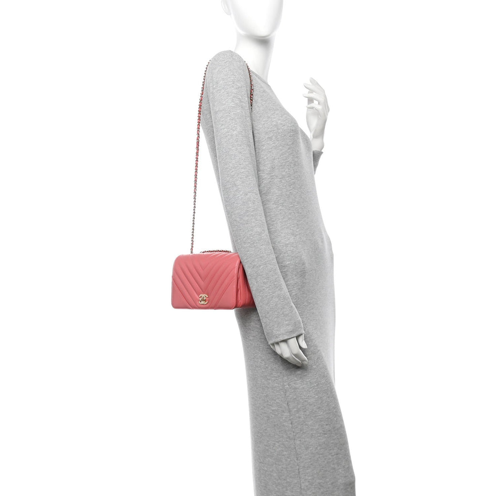 Calfskin Chevron Quilted Mini Statement Flap Pink