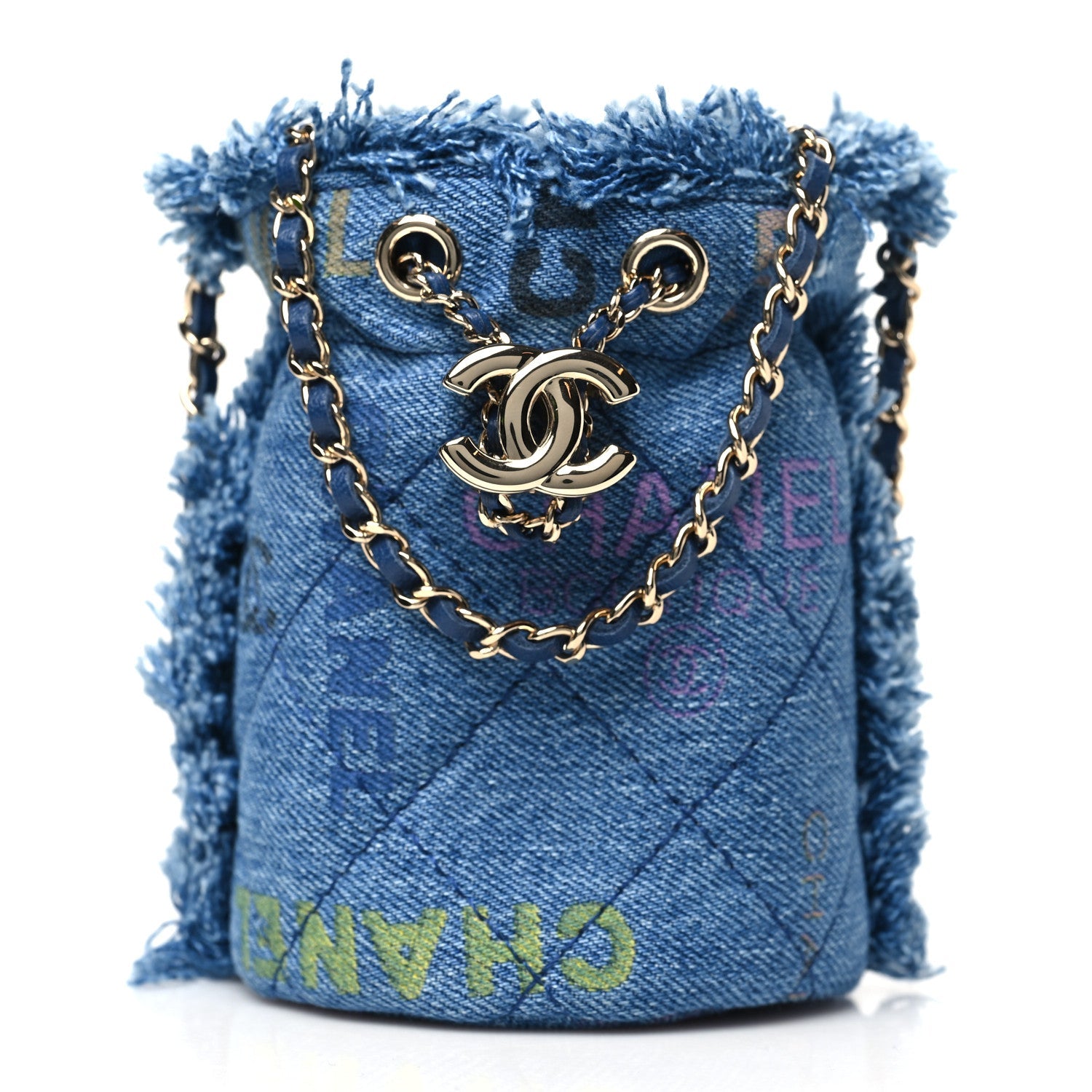 Denim Quilted Mood Mini Bucket With Chain Blue Multicolor
