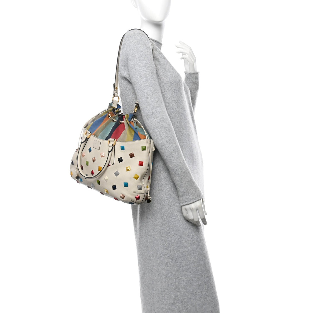 Calfskin Studded Medium B Fab Drawstring Tote Milk Multicolor