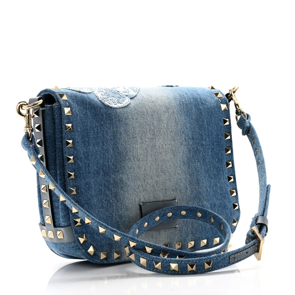 Denim Butterfly Embroidered Rockstud Shoulder Flap Messenger Bag Light Denim