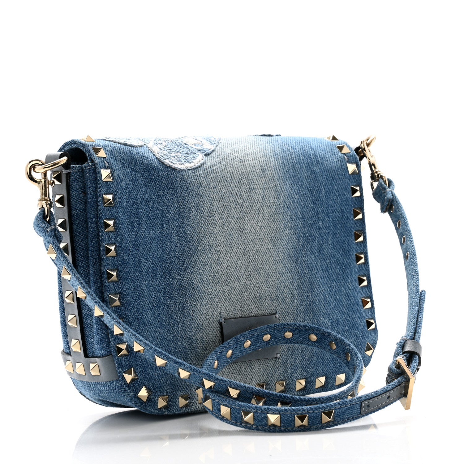 Denim Butterfly Embroidered Rockstud Shoulder Flap Messenger Bag Light Denim
