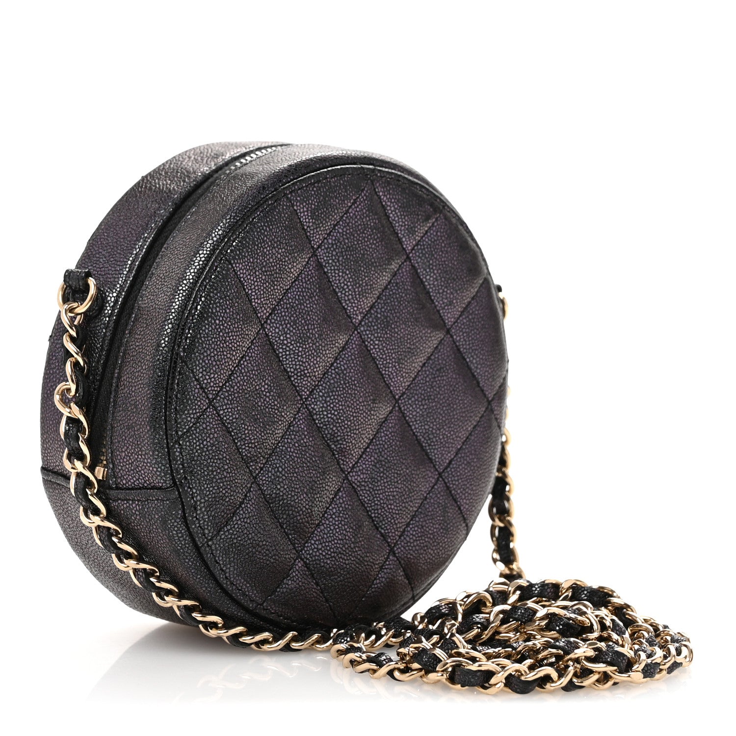Iridescent Caviar Quilted Round Clutch With Chain Black