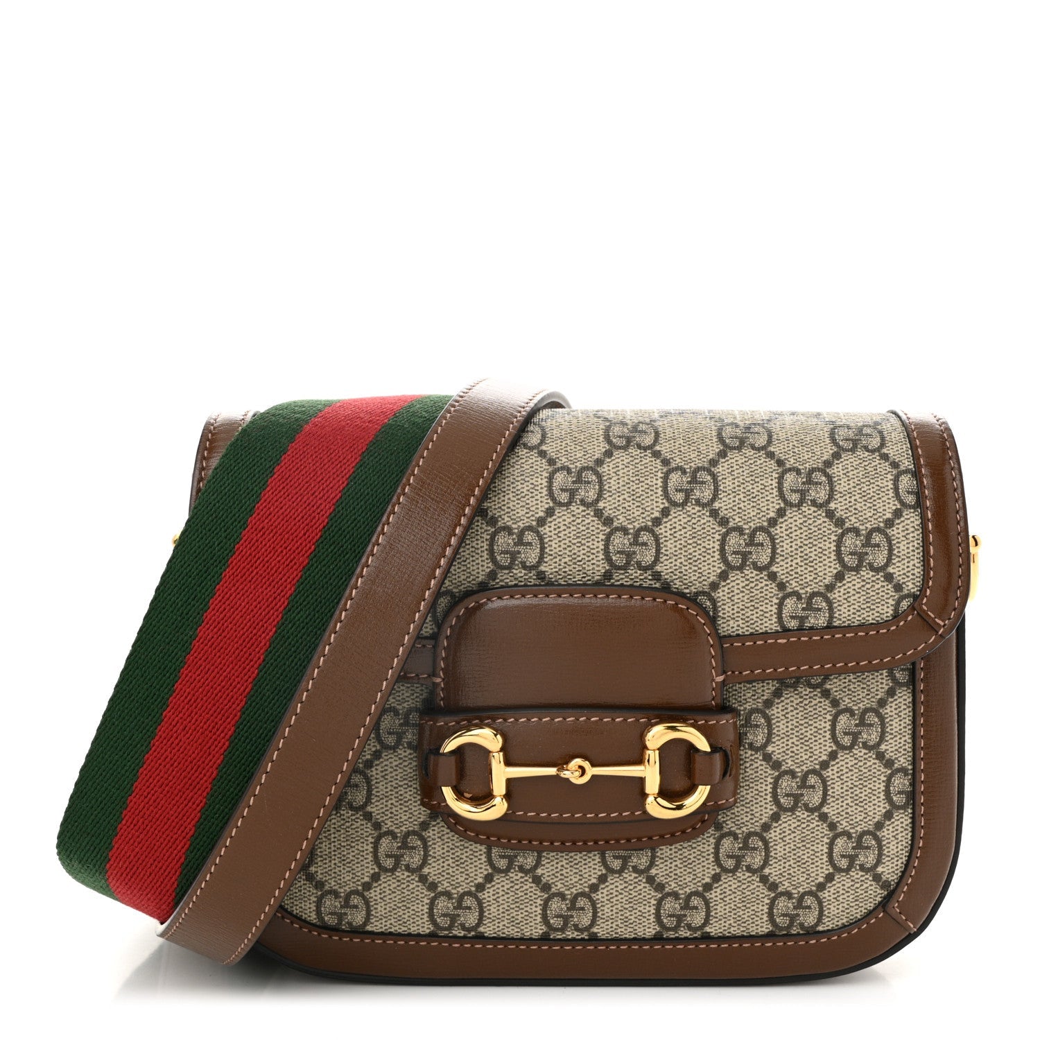 GG Supreme Monogram Azalea Calfskin Web Mini Horsebit 1955 Shoulder Bag Beige Ebony Brown Sugar
