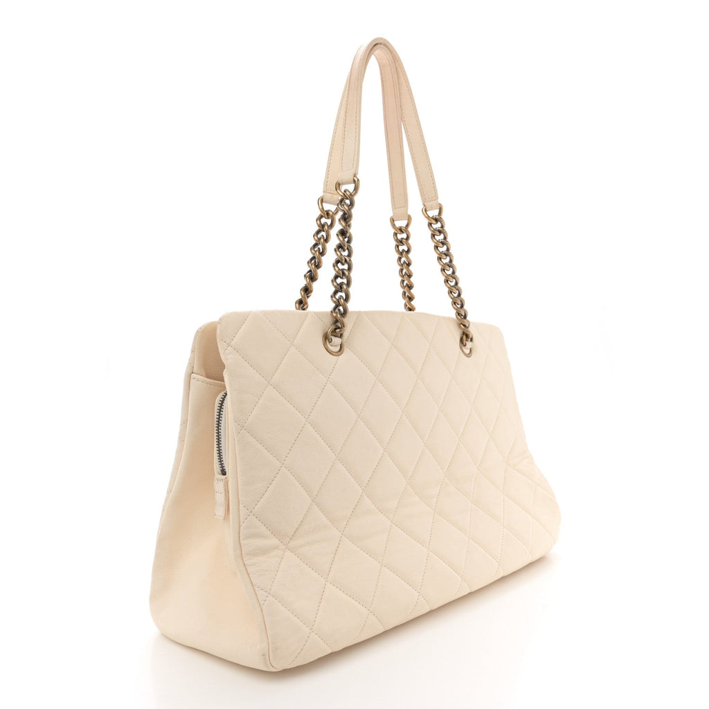 Calfskin Quilted Small Crown Tote Beige