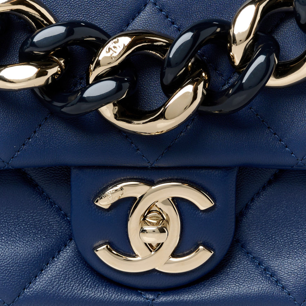 Lambskin Quilted Resin Bi-Color Chain Flap Bag Navy