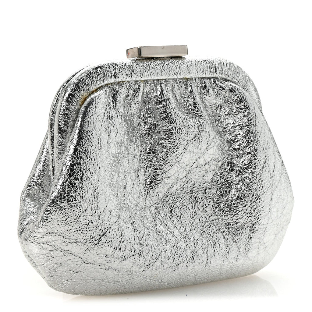 Metallic Textured Calfskin Logo Cloud Coin Purse With Strap Silver
