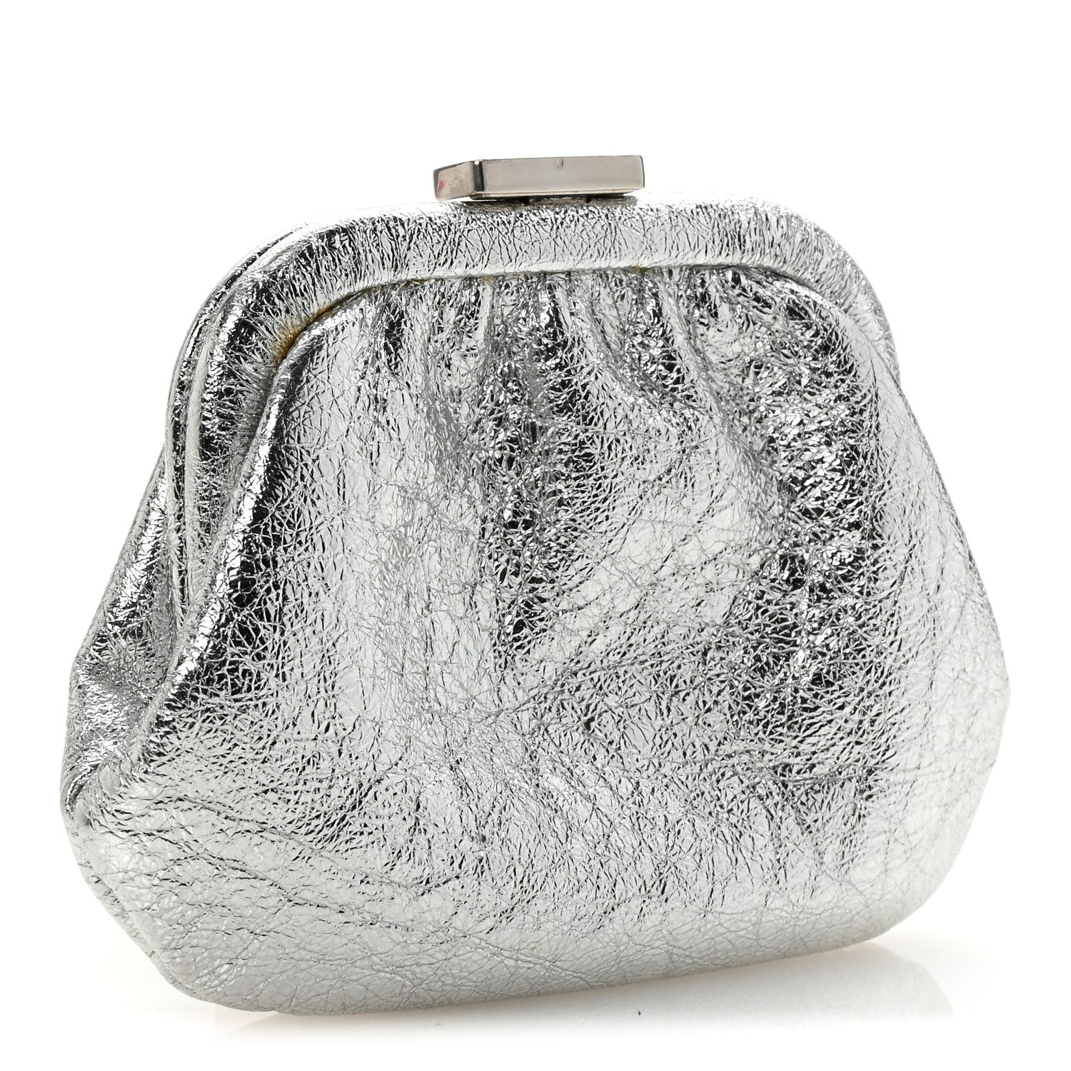 Metallic Textured Calfskin Logo Cloud Coin Purse With Strap Silver