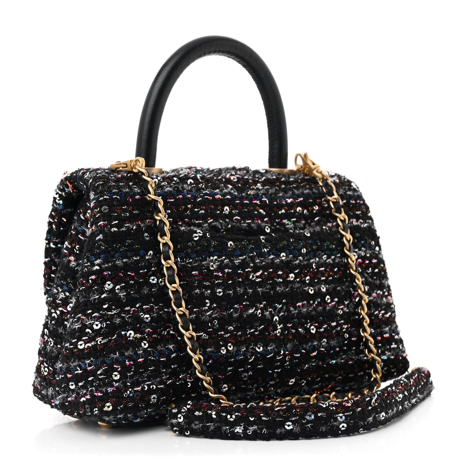 Tweed Sequin Mini Coco Handle Flap Black