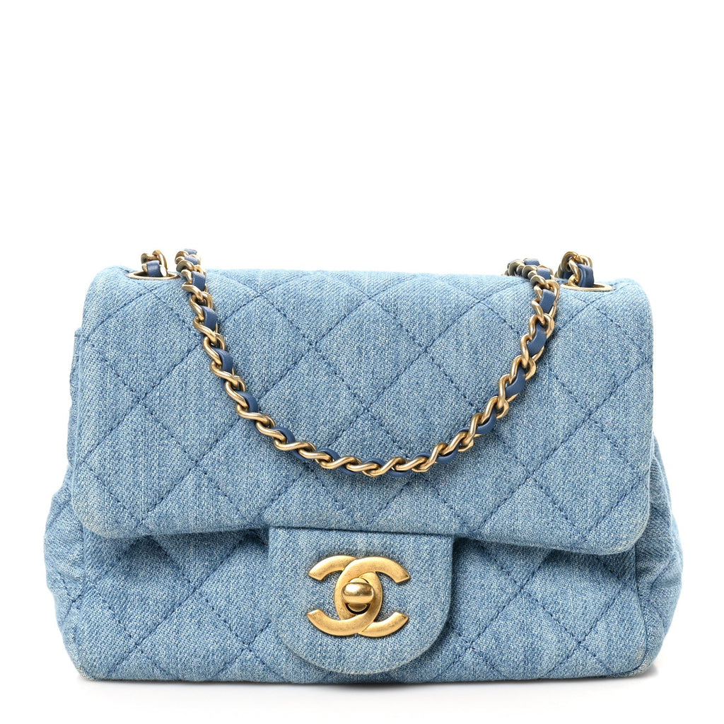 Denim Quilted Mini Pearl Crush Flap Blue