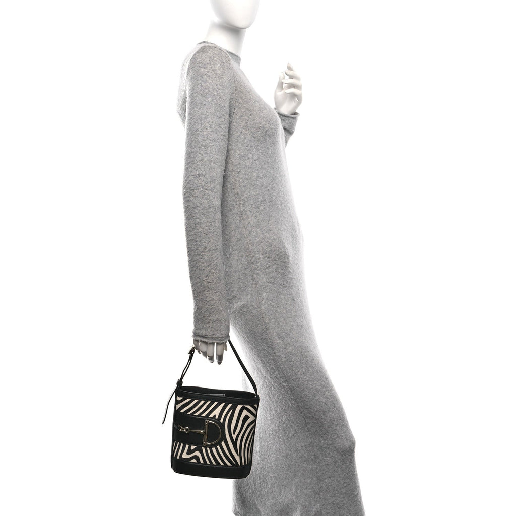 Calf Hair Calfskin Zebra Print Gucci 73 Mini Bucket Bag Black White