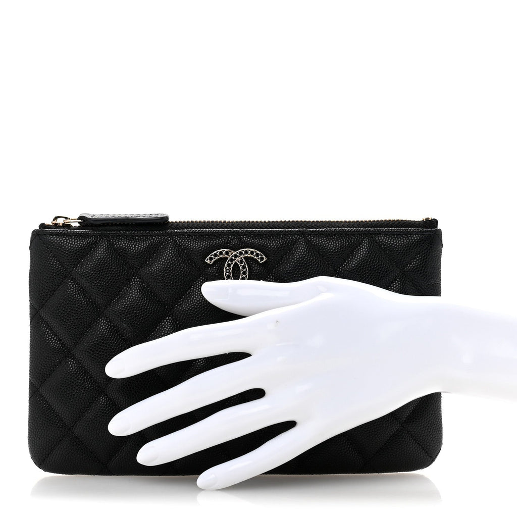 Shiny Caviar Quilted Strass CC Cosmetic Case Black