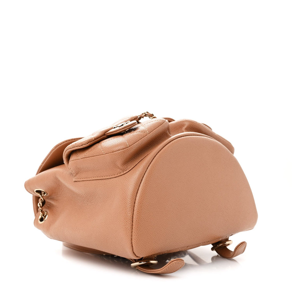 Shiny Caviar Quilted Small Duma Pockets Drawstring Backpack Dark Beige