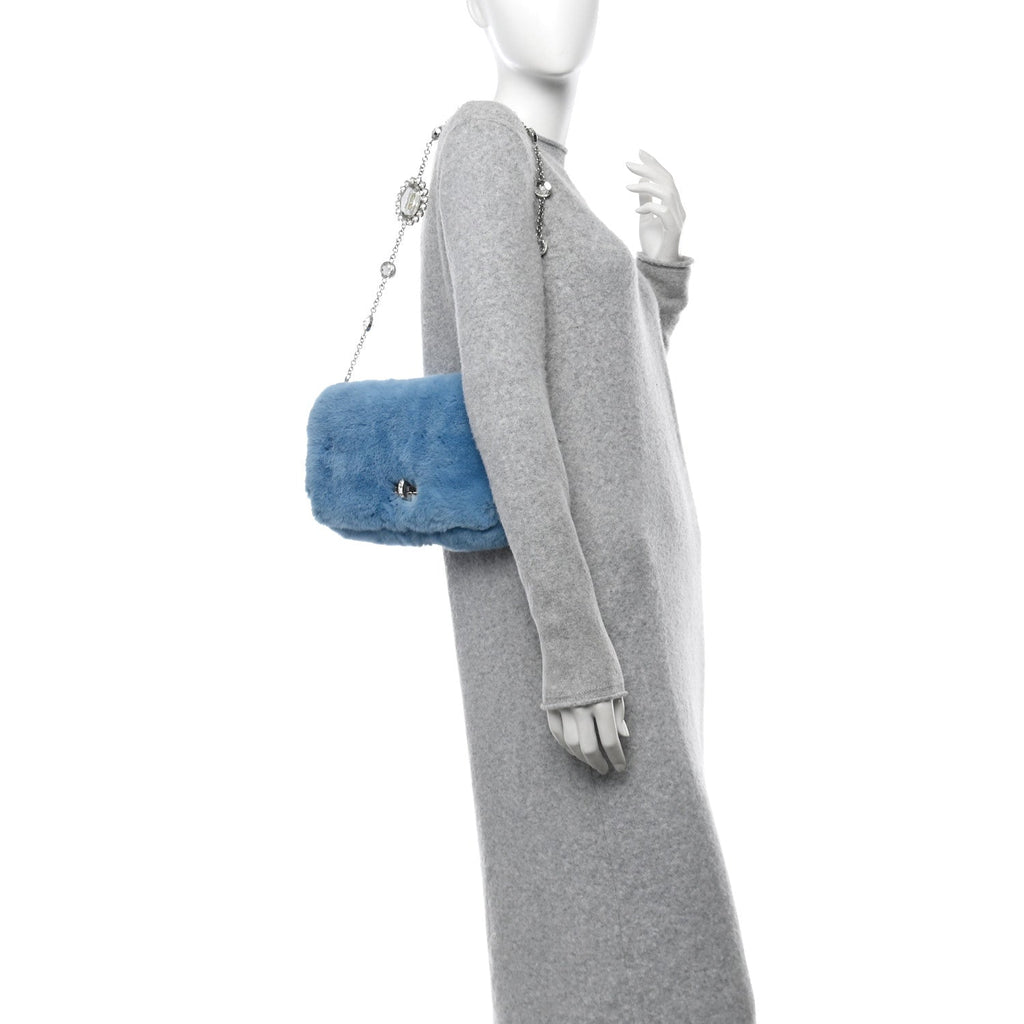 Rabbit Fur Crystal Flap Clutch Blue