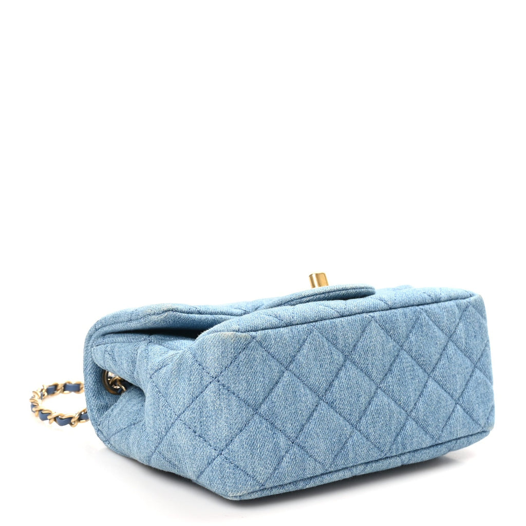 Denim Quilted Mini Pearl Crush Flap Blue