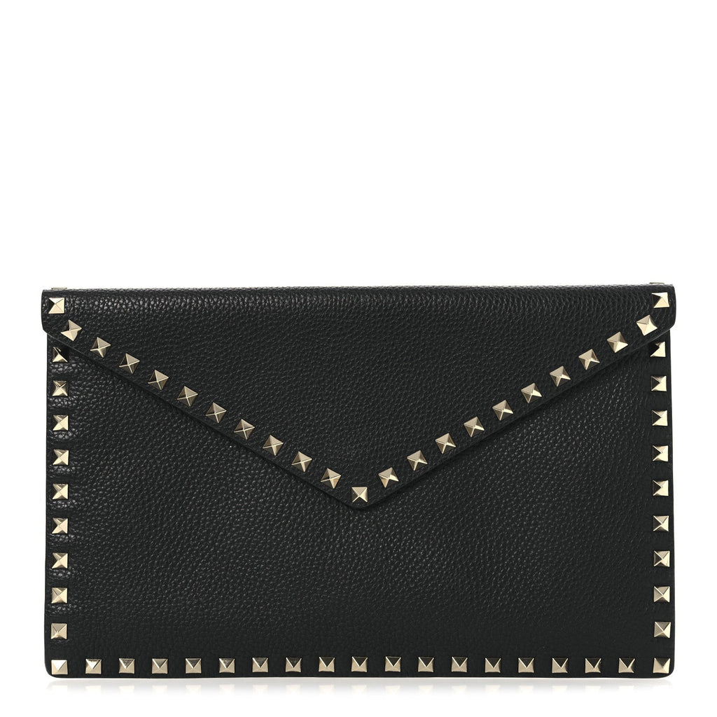 Pebbled Calfskin Large Rockstud Envelope Clutch Black