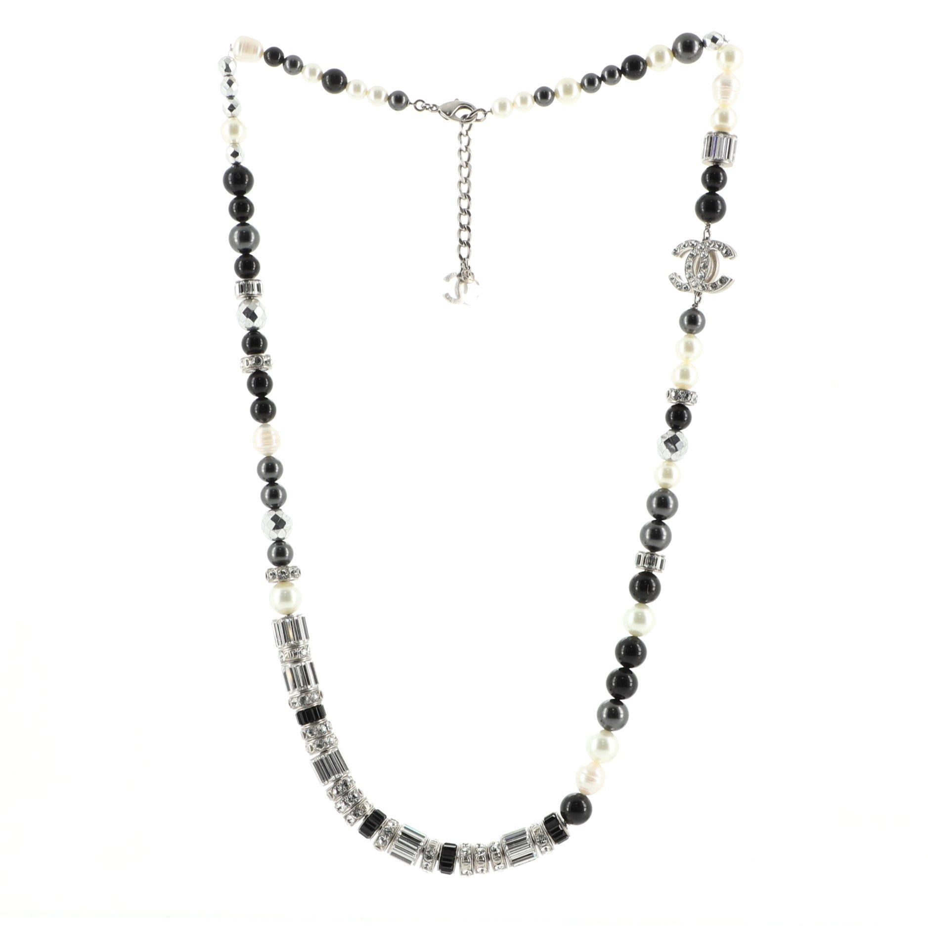 CC Long Necklace Crystal Embellished Metal and Faux Pearls with Beads