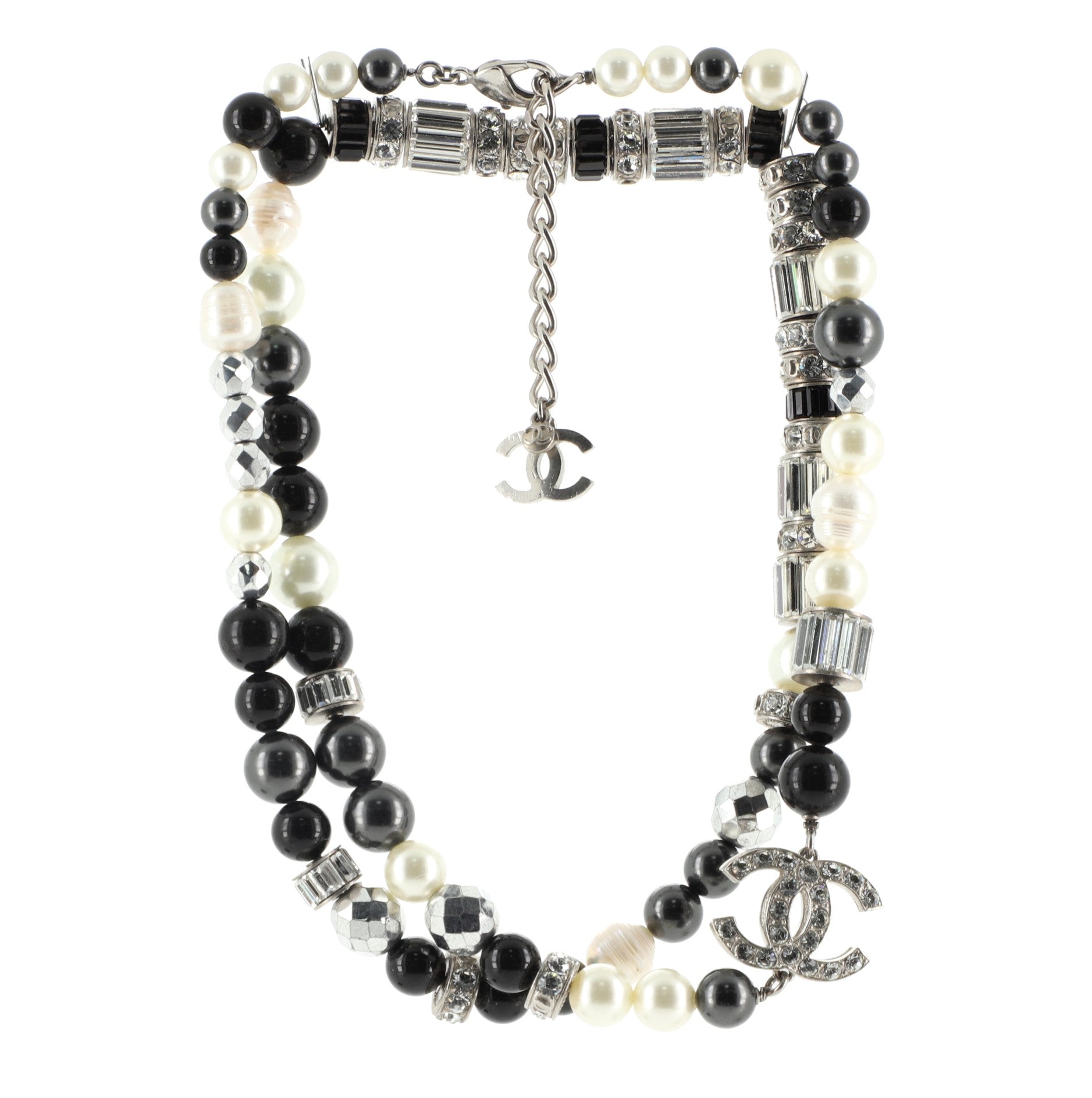 CC Long Necklace Crystal Embellished Metal and Faux Pearls with Beads